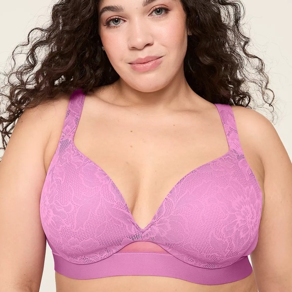 CACIQUE Comfort Bliss Lightly Lined Plunge Lace Overlay Bra 38C Fuchsia Pink NWT - Picture 1 of 11